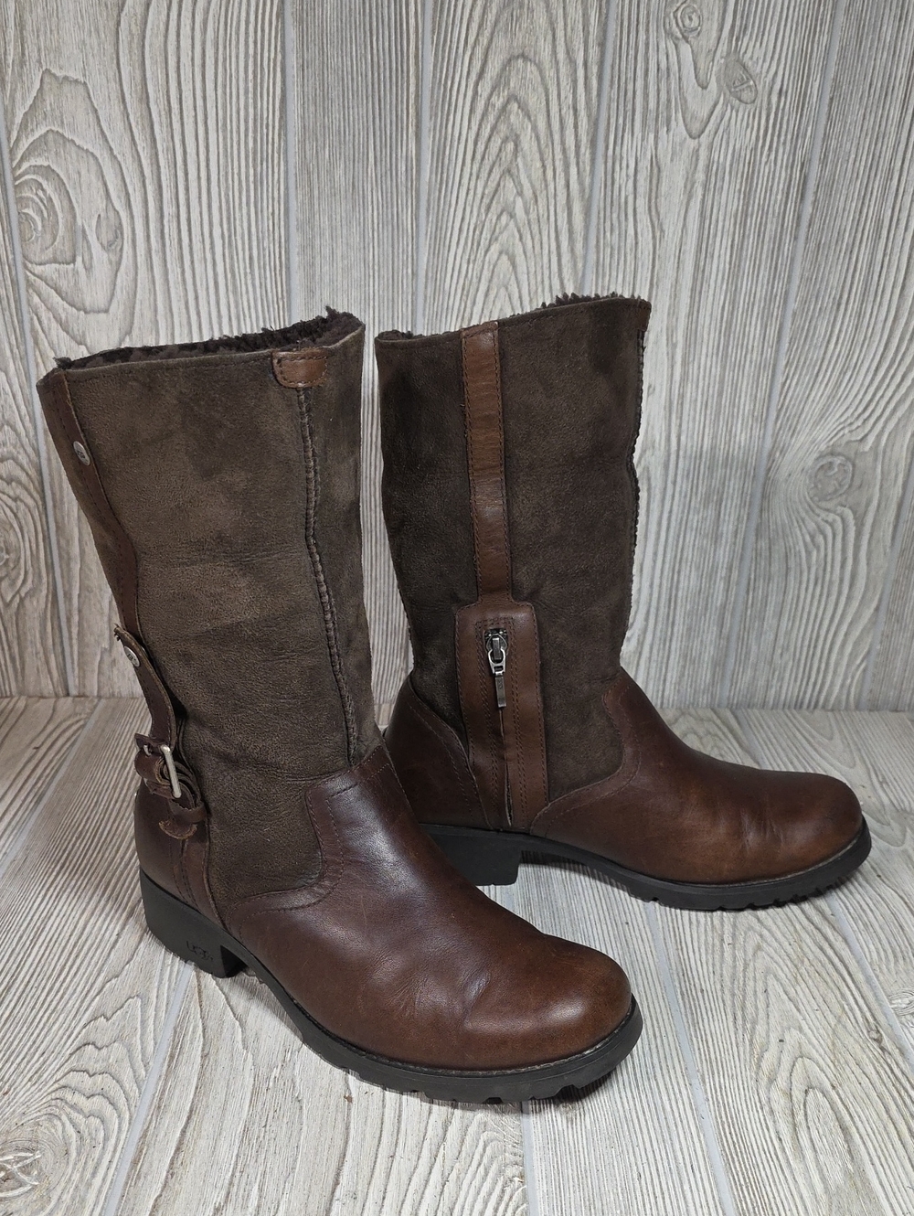 UGG Bellevue Motorcycle Brown Leather and Suede Buckle Strap Boots Womens